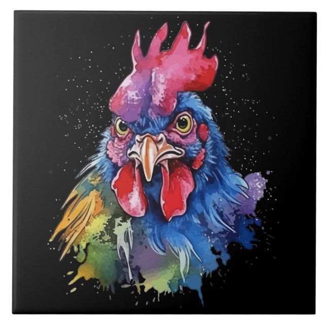 Country Rooster Chicken Watercolor Stil Fliese (Vorderseite)