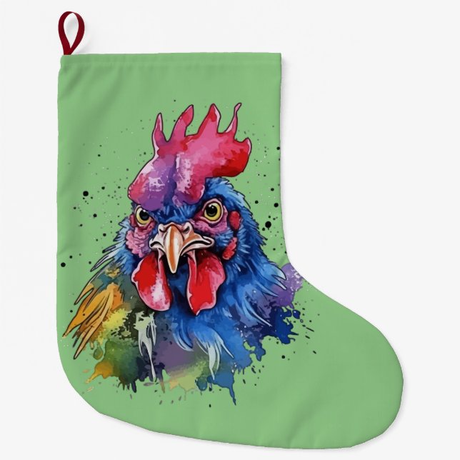 Country Rooster Chicken Watercolor Stil Großer Weihnachtsstrumpf (Vorderseite)