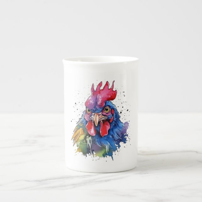 Country Rooster Chicken Watercolor Stil Prozellantasse (Vorderseite)