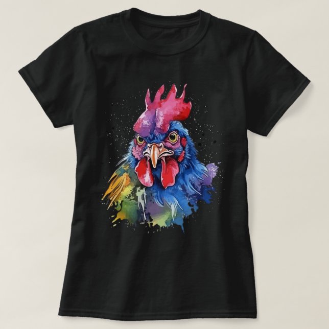 Country Rooster Chicken Watercolor Stil T-Shirt (Design vorne)