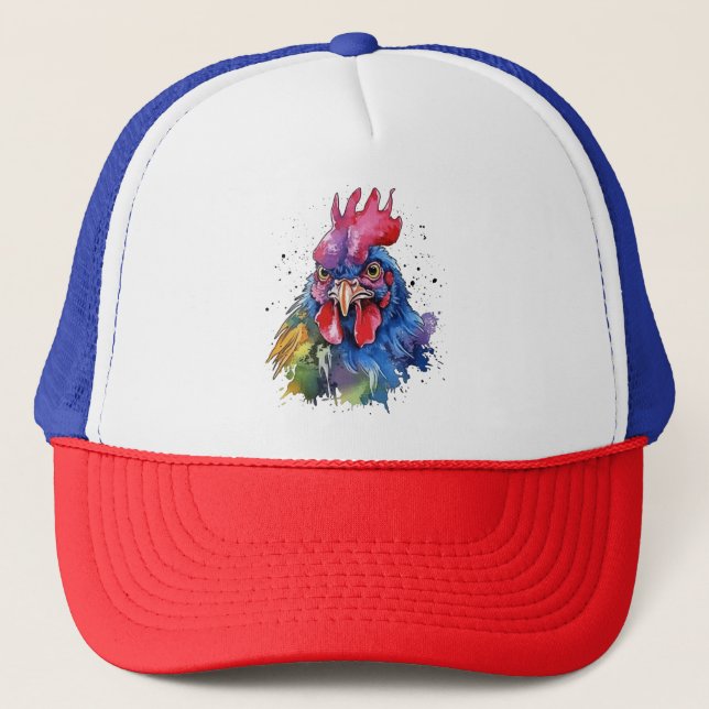 Country Rooster Chicken Watercolor Stil Truckerkappe (Vorderseite)