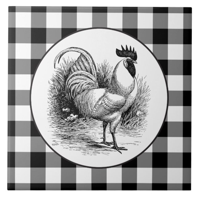 Country Rooster Schwarz-weiße Karos Fliesen (Vorderseite)