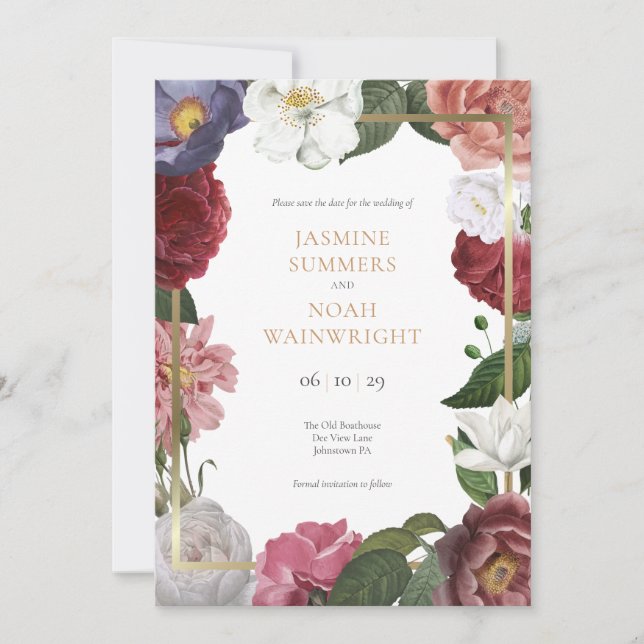 Country Rose Floral Gold Geometric Wedding Save The Date (Vorderseite)