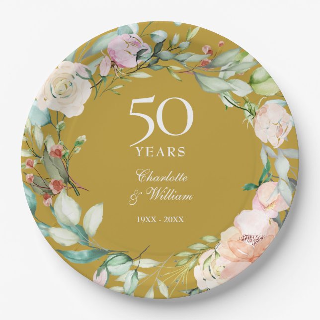 Country Rose Garland 50. Hochzeitstag Pappteller (Vorderseite)