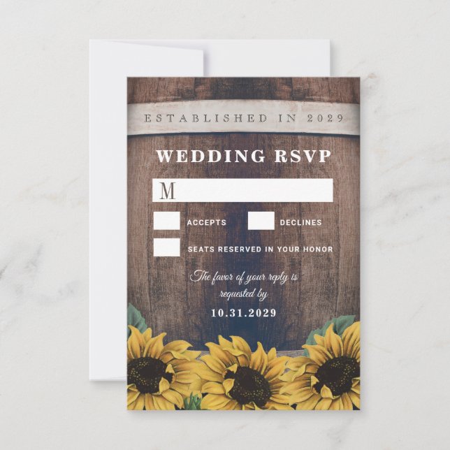 Country Rustic Barrel Sunflower Wedding RSVP Cards (Vorderseite)