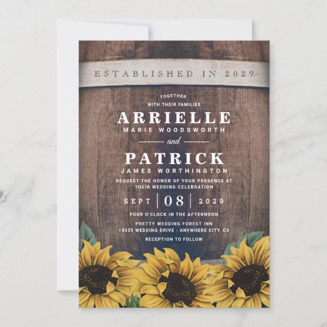 Country Rustic Barrel Vintag Sonnenblumenhochzeit Einladung (Vorderseite)
