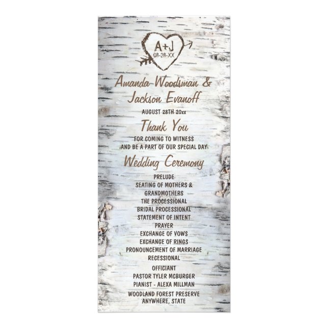 Country Rustic Birch Tree Barke Hochzeitsprogramme Werbekarte (Vorne)