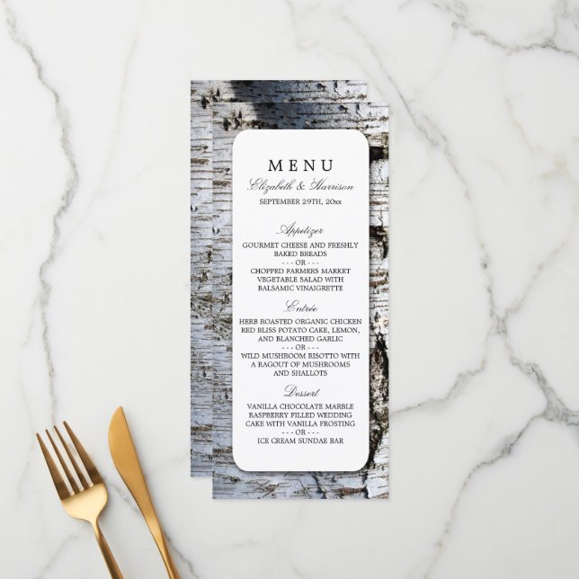 Country Rustic Birch Tree Wedding Menü Menükarte (Vorderseite/Rückseite Beispiel)