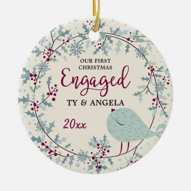 Country Rustic Bird 1. Weihnachtsfeier Verlobte Cu Keramik Ornament (Vorne)
