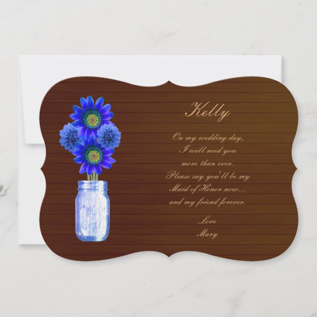 Country Rustic Blue Mason Jar Trauzeugin Card Einladung (Vorderseite)