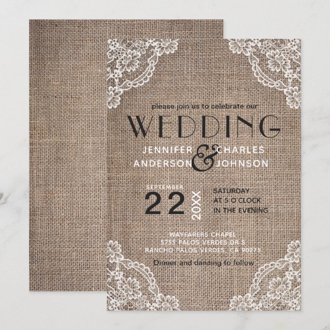 Country Rustic Burlap Fabric Lace Trim Wedding Einladung (Vorne/Hinten)