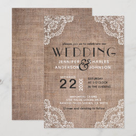 Country Rustic Burlap Fabric Lace Trim Wedding Einladung