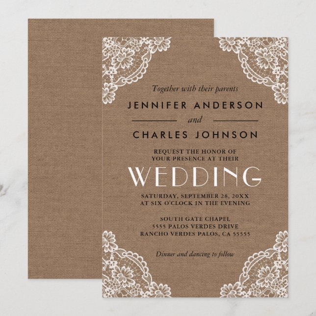 Country Rustic Burlap Lace Corner Detail Hochzeit Einladung (Vorne/Hinten)