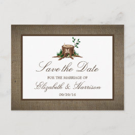 Country Rustic Burlap Monogram Tree Save the Date Ankündigungspostkarte