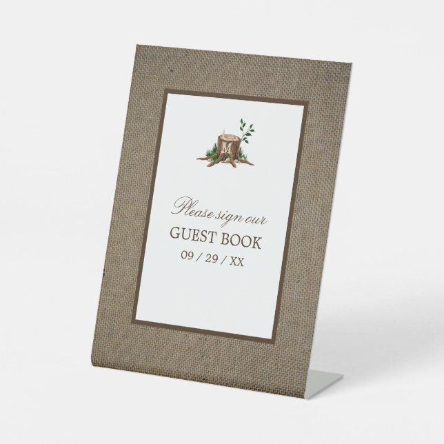 Country Rustic Burlap Monogram Tree Wedding Sockelschild (Vorderseite)