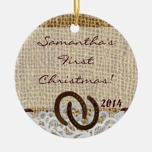 Country Rustic Burlap Nom personnalisé Ornement (Devant)