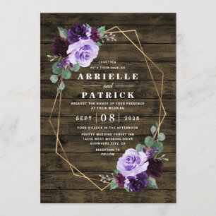 Country Rustic Floral Lila und Gold Hochzeit Einladung