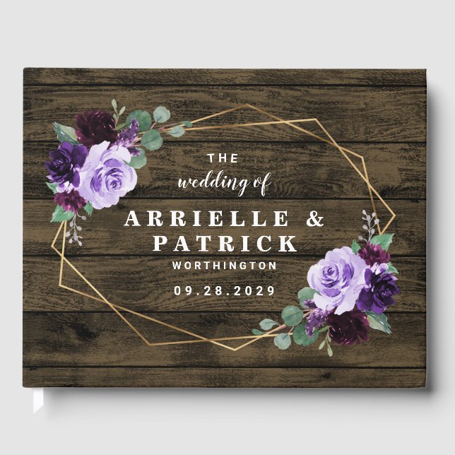 Country Rustic Floral Lila und Gold Hochzeit Gästebuch (Vorderseite)