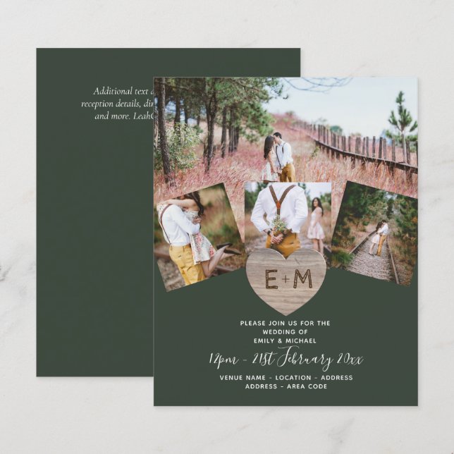 Country Rustic Foto Carved Heart Monogram Wedding (Vorne/Hinten)