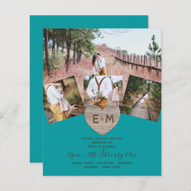 Country Rustic Foto Carved Heart Monogram Wedding (Vorne/Hinten)