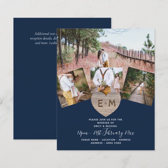 Country Rustic Foto Carved Heart Monogram Wedding (Vorne/Hinten)