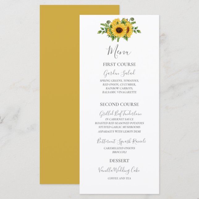 Country Rustic Gold Floral Sonnenblume Hochzeit Menükarte (Vorne/Hinten)