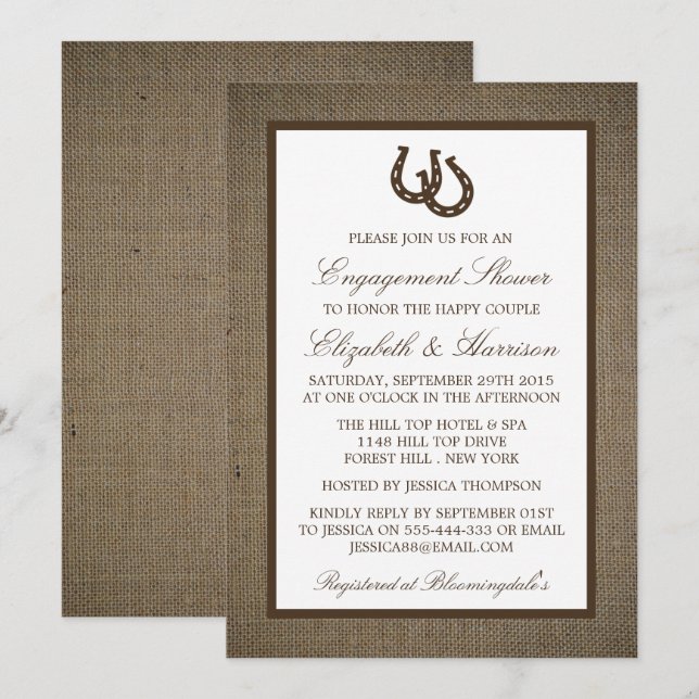 Country Rustic Horseshoe Brown Burlap-Verlobung Einladung (Vorne/Hinten)