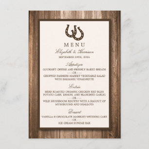 Country Rustic Horseshoe & Brown Wood Mariage Menu