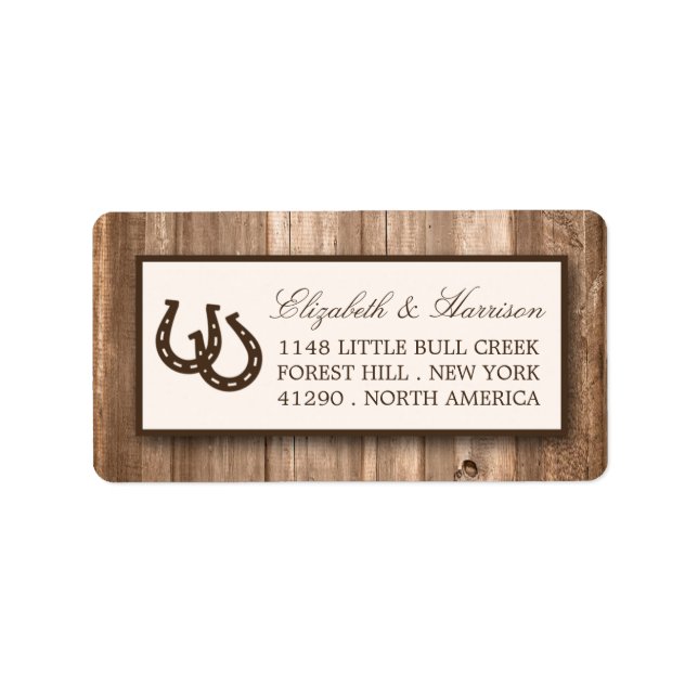 Country Rustic Horseshoe & Brown Wood Wedding Adressaufkleber (Vorne)