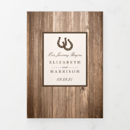 Country Rustic Horseshoe & Brown Wood Wedding Dreifach Gefaltete Einladung