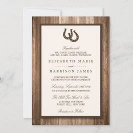 Country Rustic Horseshoe & Brown Wood Wedding Einladung