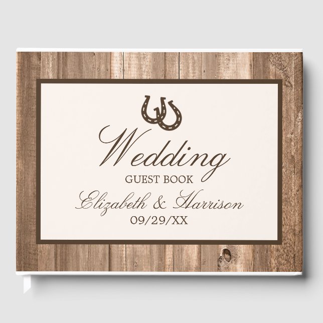 Country Rustic Horseshoe & Brown Wood Wedding Gästebuch (Vorderseite)
