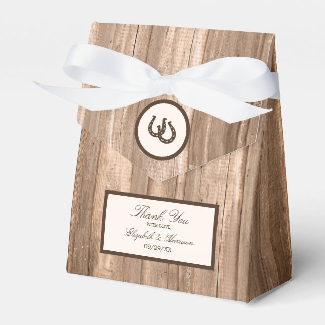 Country Rustic Horseshoe & Brown Wood Wedding Geschenkschachtel (Vorderseite)