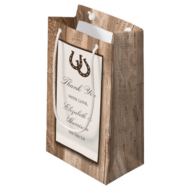 Country Rustic Horseshoe & Brown Wood Wedding Kleine Geschenktüte (Vorderseite Schrägansicht)