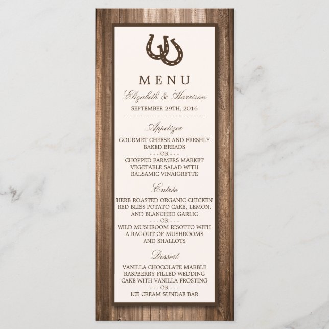 Country Rustic Horseshoe & Brown Wood Wedding Menu Menükarte (Vorderseite)