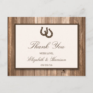 Country Rustic Horseshoe & Brown Wood Wedding Postkarte
