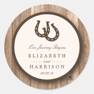 Country Rustic Horseshoe & Brown Wood Wedding Runder Aufkleber