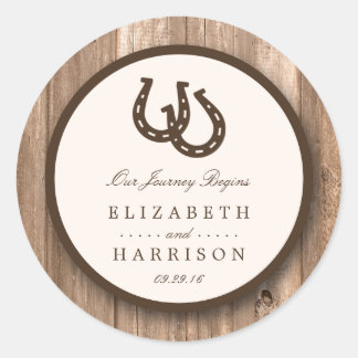 Country Rustic Horseshoe & Brown Wood Wedding Runder Aufkleber