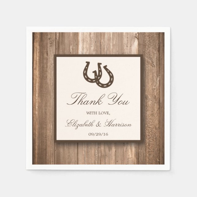Country Rustic Horseshoe & Brown Wood Wedding Serviette (Vorderseite)