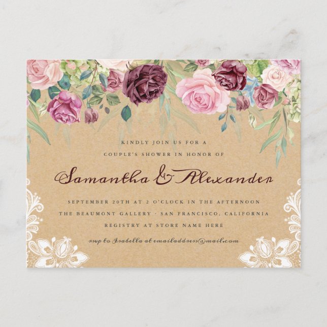 Country Rustic Kraft Lace Floral Couple's Dusche Einladungspostkarte (Vorderseite)