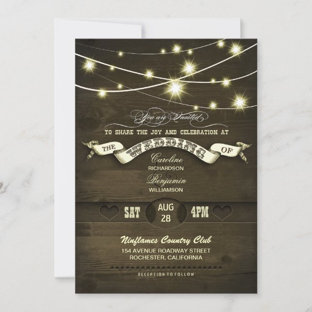 Country rustic Lichter Holz Hochzeit Einladung (Vorderseite)