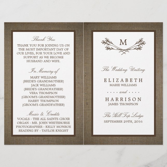 Country Rustic Monogram Branch & Burlap Wedding (Vorderseite)