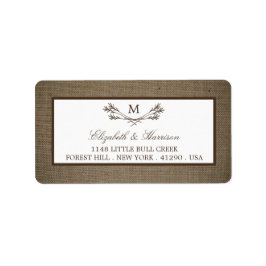 Country Rustic Monogram Branch & Burlap Wedding Adressaufkleber
