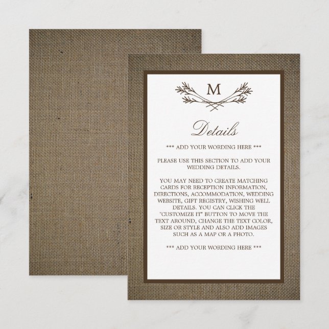 Country Rustic Monogram Branch & Burlap Wedding Begleitkarte (Vorne/Hinten)
