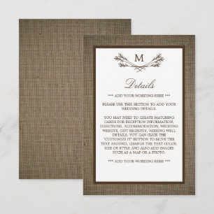 Country Rustic Monogram Branch & Burlap Wedding Begleitkarte