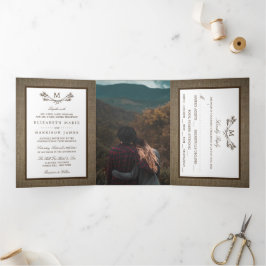Country Rustic Monogram Branch & Burlap Wedding Dreifach Gefaltete Einladung