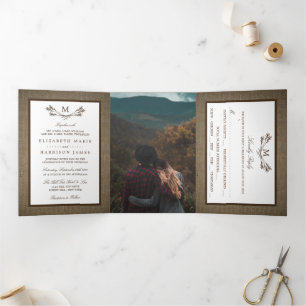 Country Rustic Monogram Branch & Burlap Wedding Dreifach Gefaltete Einladung