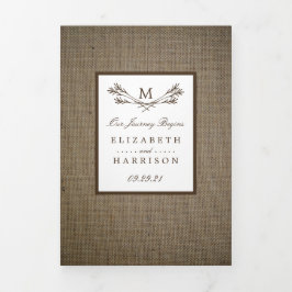Country Rustic Monogram Branch & Burlap Wedding Dreifach Gefaltete Einladung