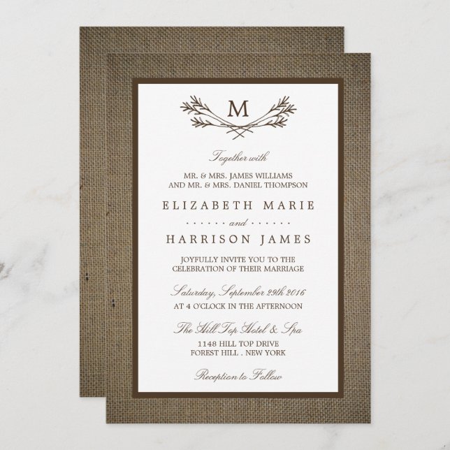 Country Rustic Monogram Branch & Burlap Wedding Einladung (Vorne/Hinten)