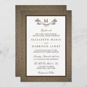 Country Rustic Monogram Branch & Burlap Wedding Einladung